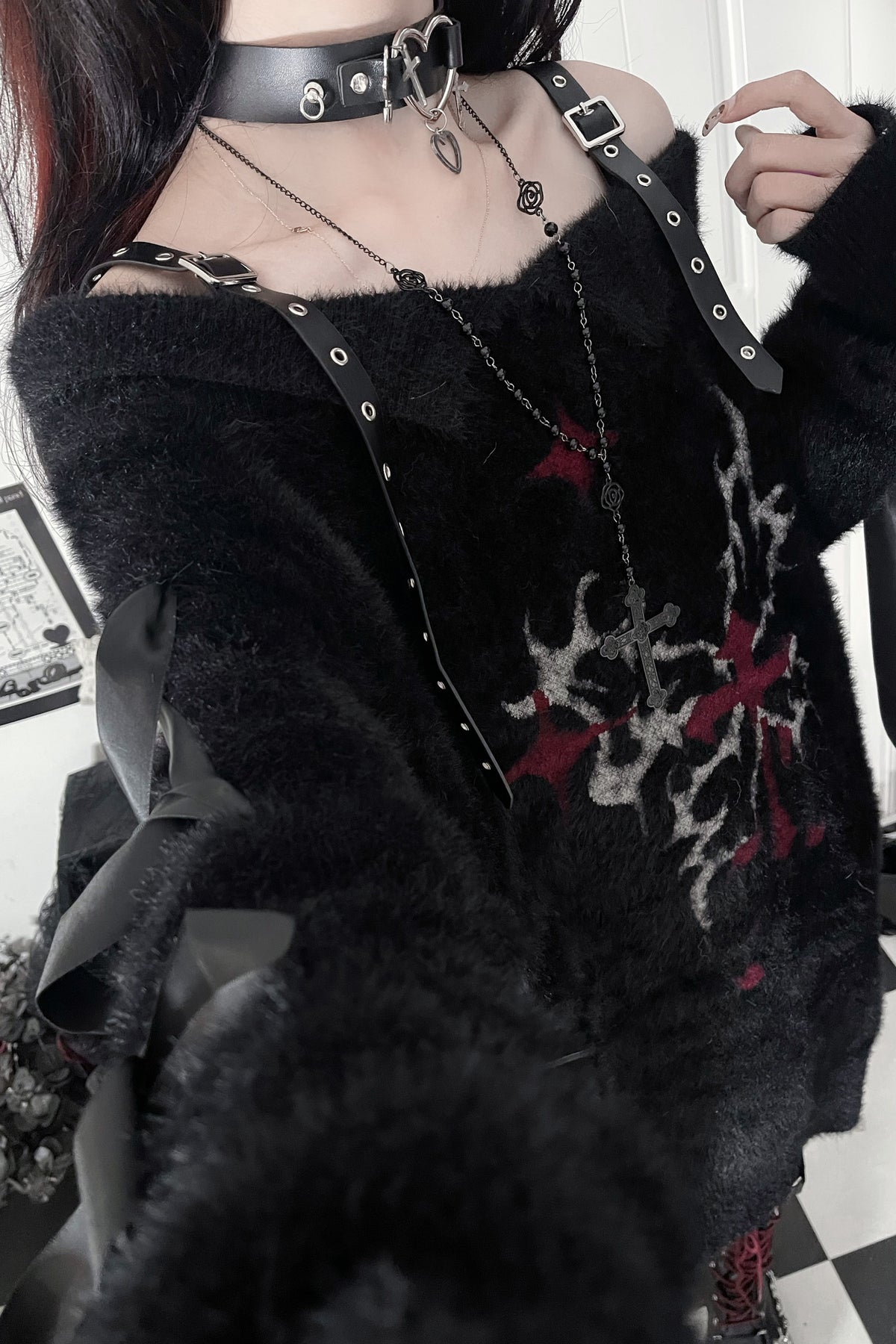Leather Buckle Butterfly Print Off-Shoulder Sweater