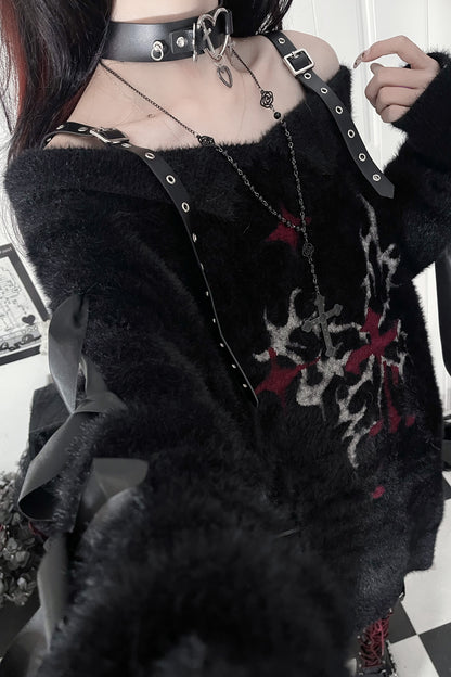 Leather Buckle Butterfly Print Off-Shoulder Sweater