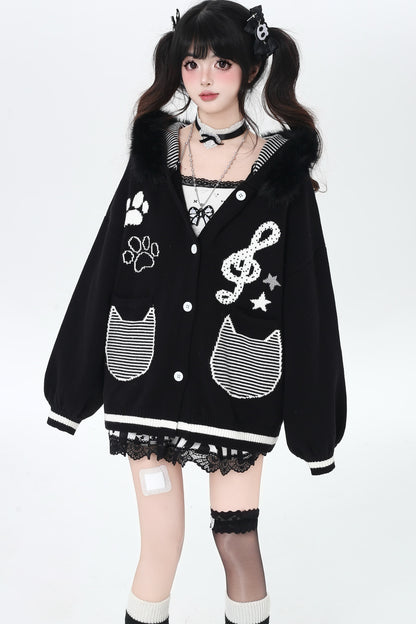 Cat Concerto Hooded Knit Cardigan