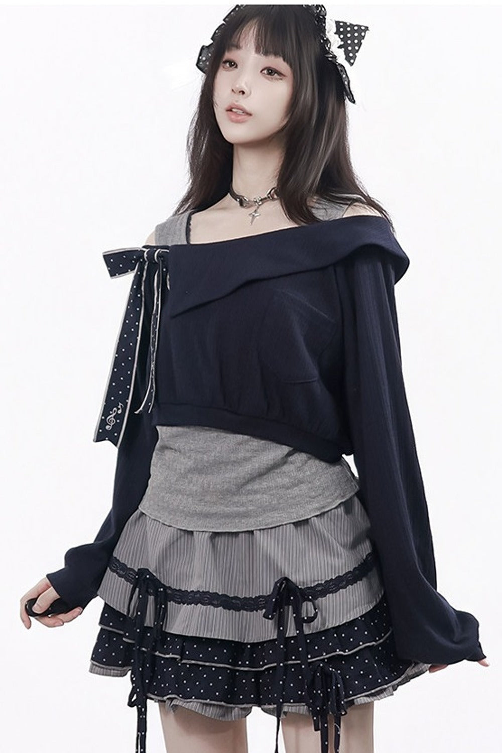 Polka Dot Waist-Cinching Layered-Look Top and Skirt Set-Up