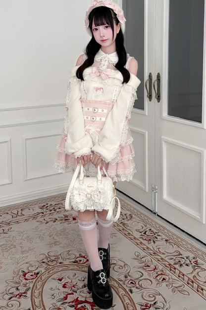 Style Lace Plush Off-Shoulder Sweater With Skirt and Top Set-Up