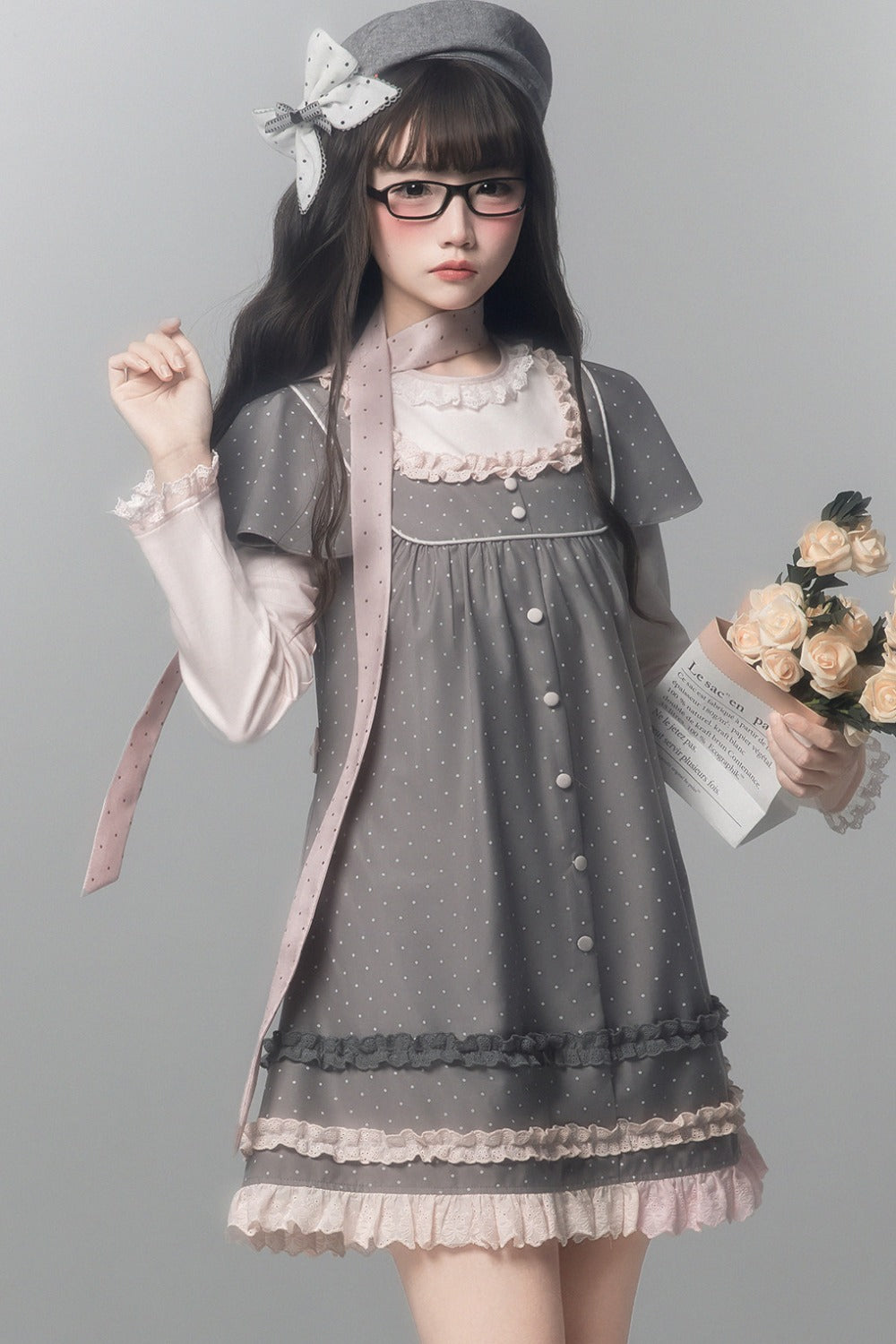 Gray Pink Polka Dot A-Line Layered-Look Dress