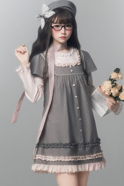Gray Pink Polka Dot A-Line Layered-Look Dress