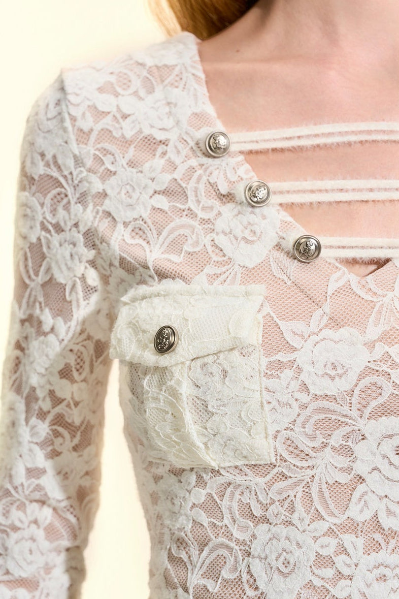 Metal Buckle V-Neck Lace Blouse