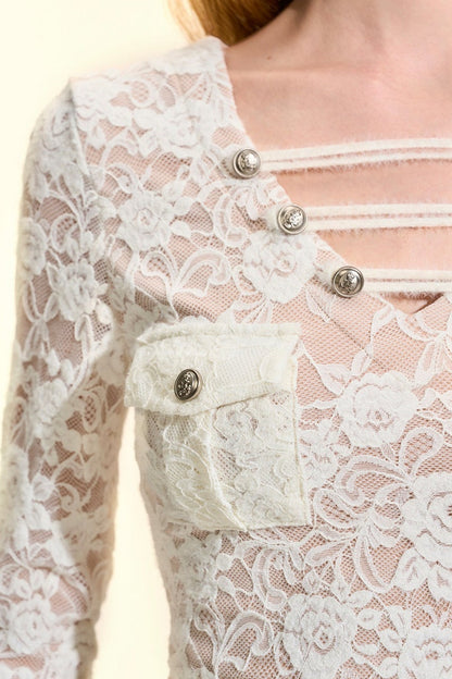 Metal Buckle V-Neck Lace Blouse