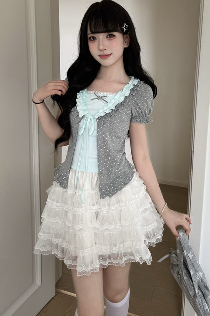 Polka Dot Layered-Look Top and Skirt Set-Up