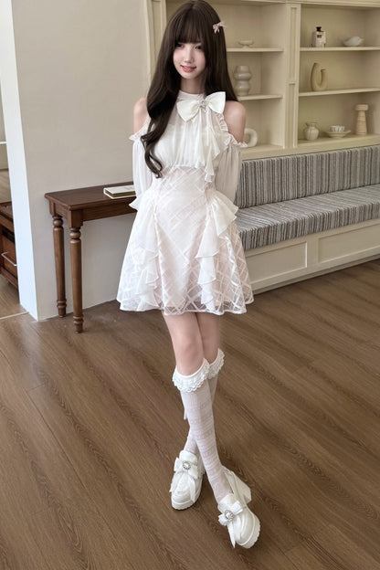 High-Waist Bow Off-Shoulder Long-Sleeve A-Line Dress