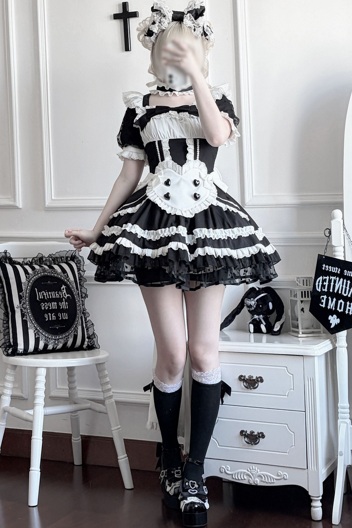 Black White Maid Apron Lace Dress