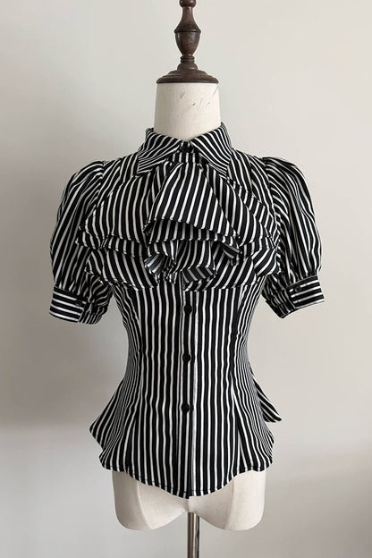 Gothic Striped Ruffle Short-Sleeve Shirt