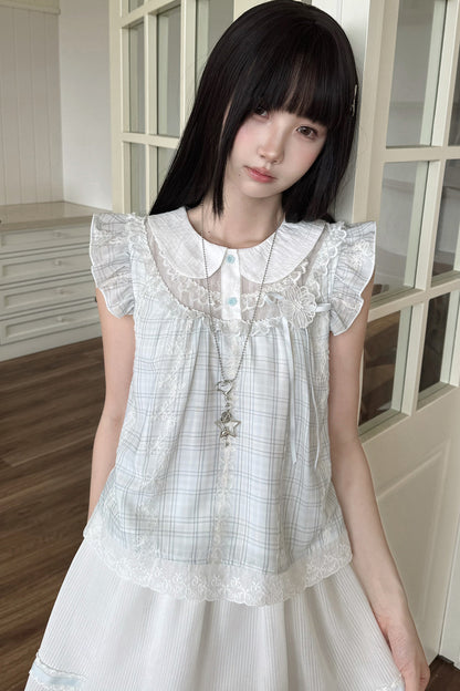 Light Blue Plaid Loose Doll Top and Skirt Set-Up