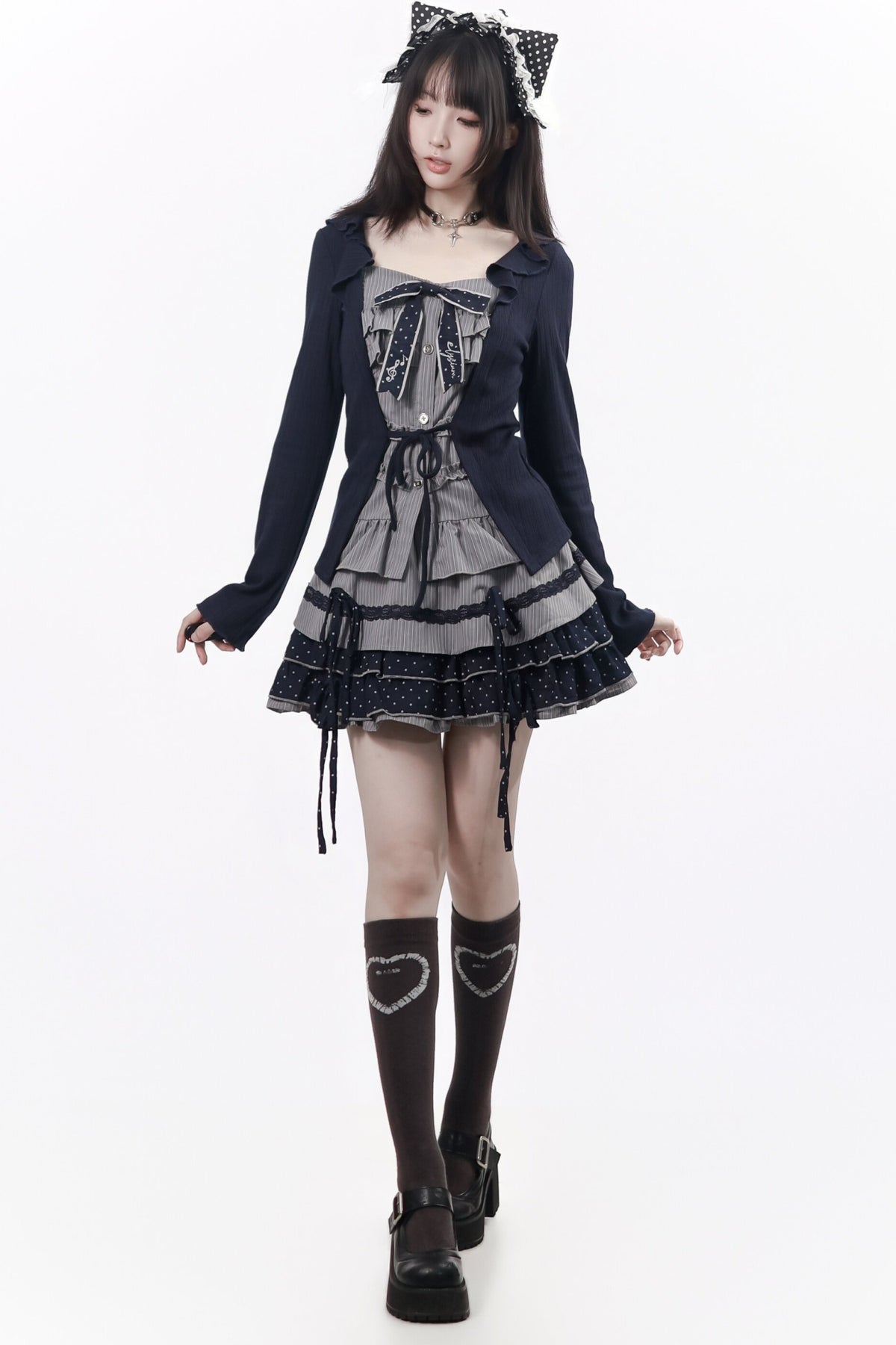 Polka Dot Waist-Cinching Layered-Look Top and Skirt Set-Up