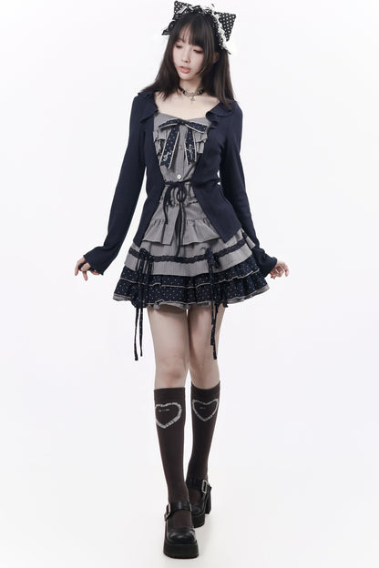 Polka Dot Waist-Cinching Layered-Look Top and Skirt Set-Up