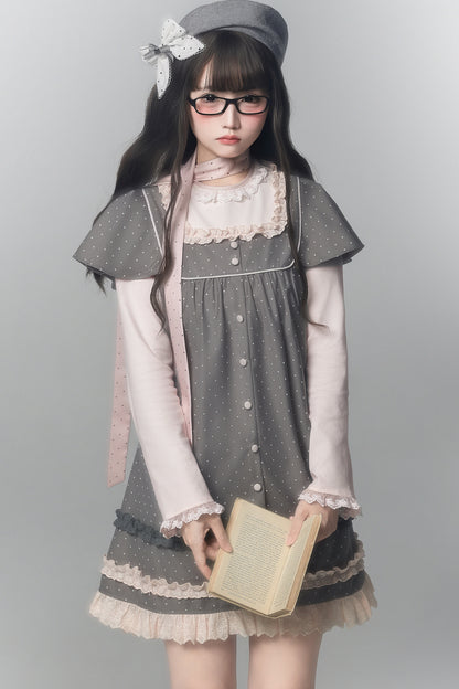 Gray Pink Polka Dot A-Line Layered-Look Dress