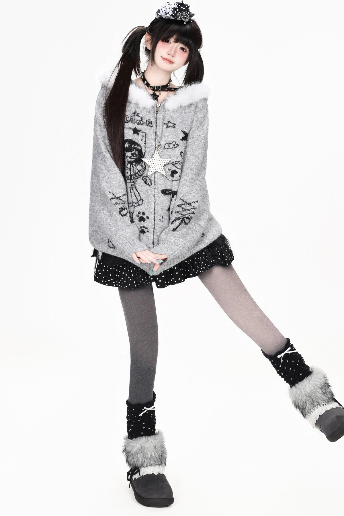 Veste en fourrure zippée à imprimé fille anime