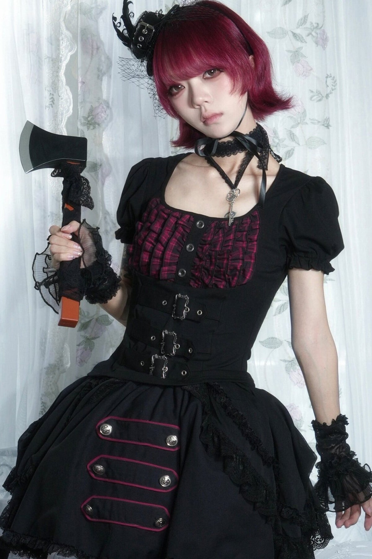 Original from Jiuyu Market: Black and Red Plaid Puff-Sleeve Knit Top with Military-Style Mesh Cake Skirt Set