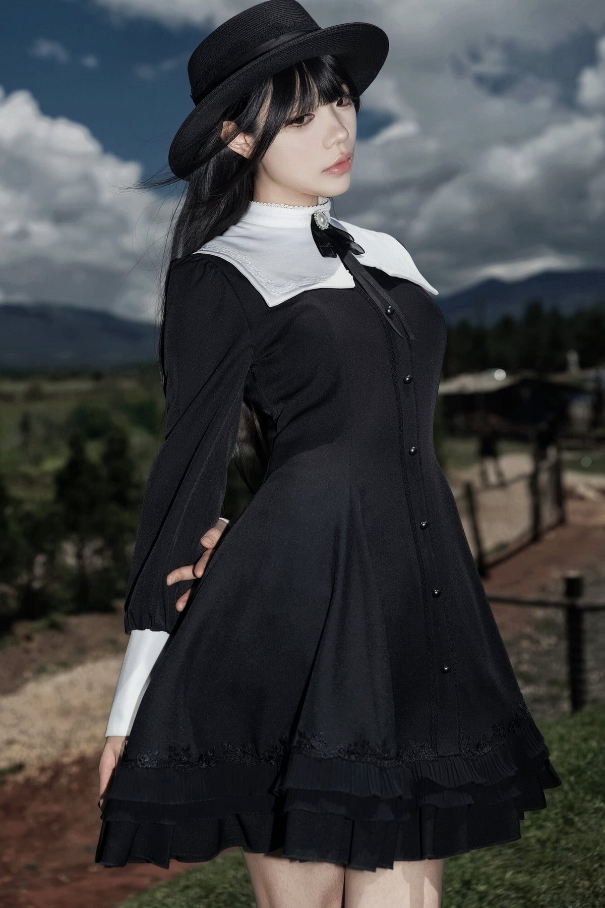 Gothic Puff Sleeve Nun Collar Dress