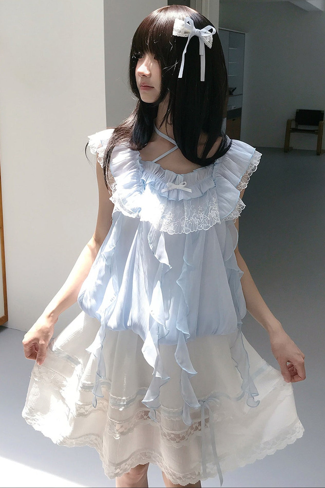 ミルキーブルー姫フリルトップス＋スカート