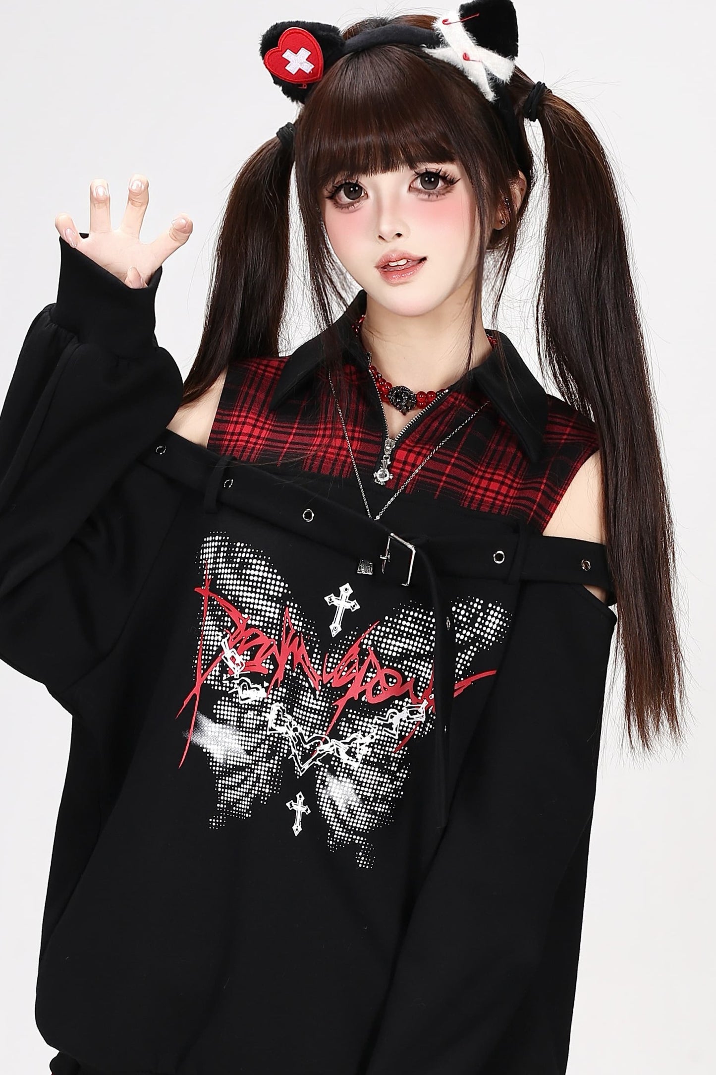 Plaid Butterfly Print Loose Sweatshirt