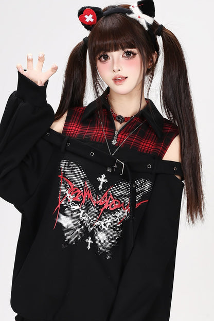 Plaid Butterfly Print Loose Sweatshirt