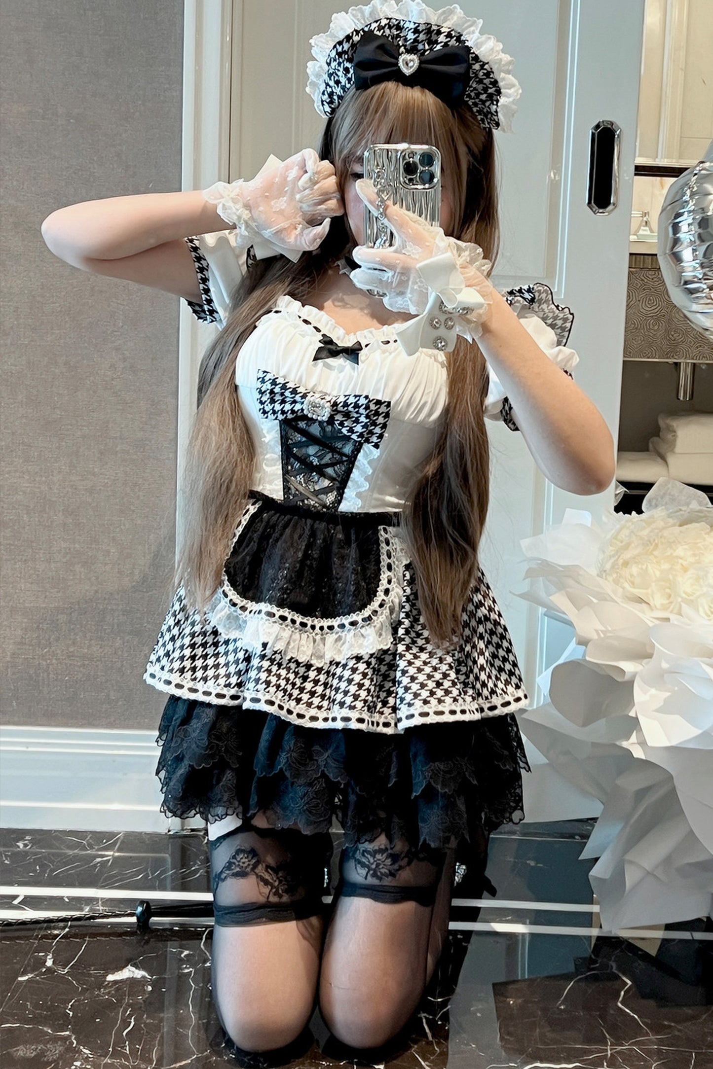 千鳥リボンドールメイドロリータドレス