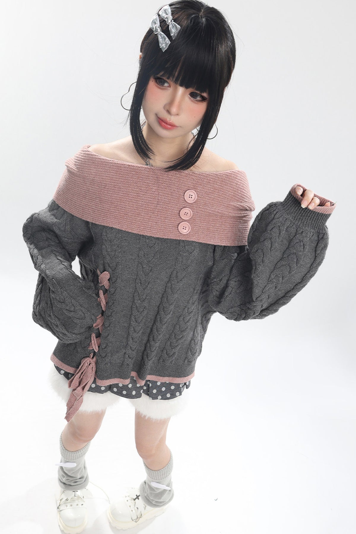 Off-Shoulder Cat Heart Knit Sweater