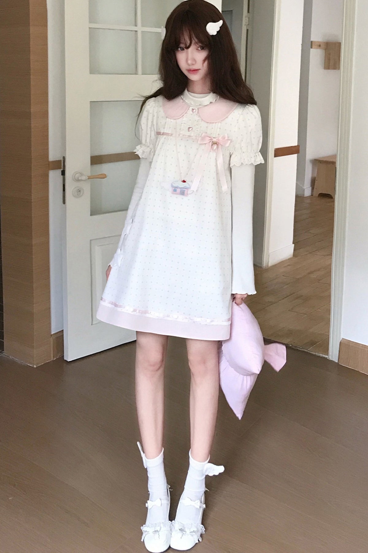 Polka Dot Doll Collar Puff Sleeve Dress