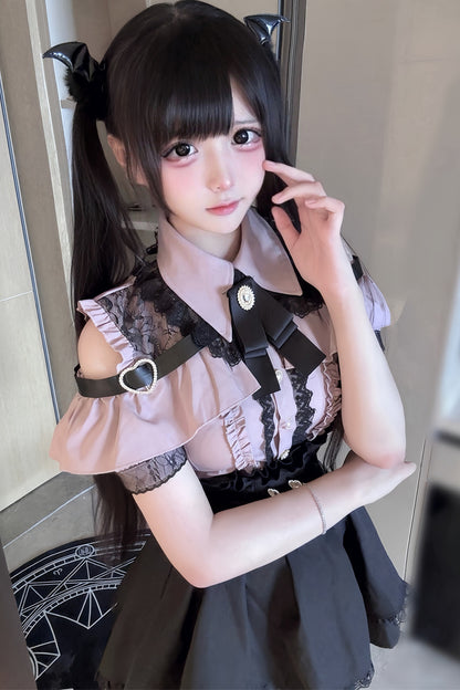 Cherry Short-Sleeve Shirt and Skirt Set-Up