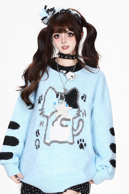 Cat Round-Neck Loose Knit Sweater