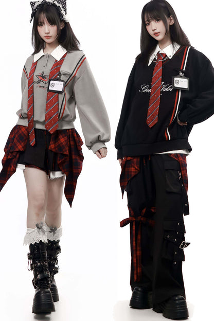 Gray Black Plaid Sweatshirt and Pants Set-Up