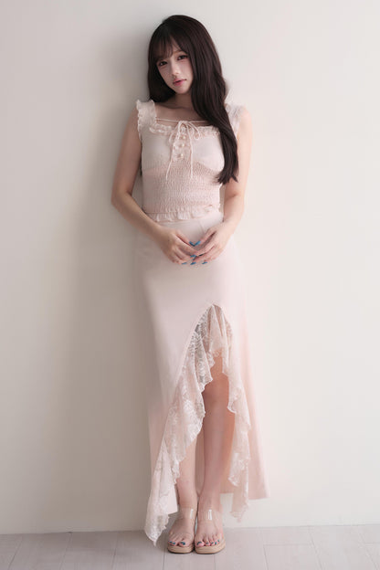 Elegant Ruffle Top & Lace Slit Skirt Set