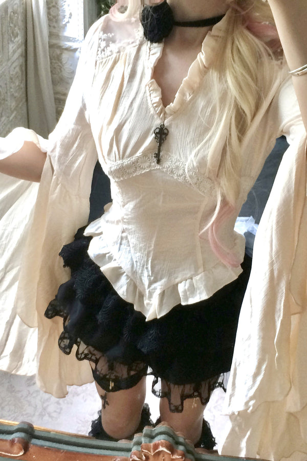 Apricot Long-Sleeved Layered Lace Ruffle Shirt and Black Skirt Set