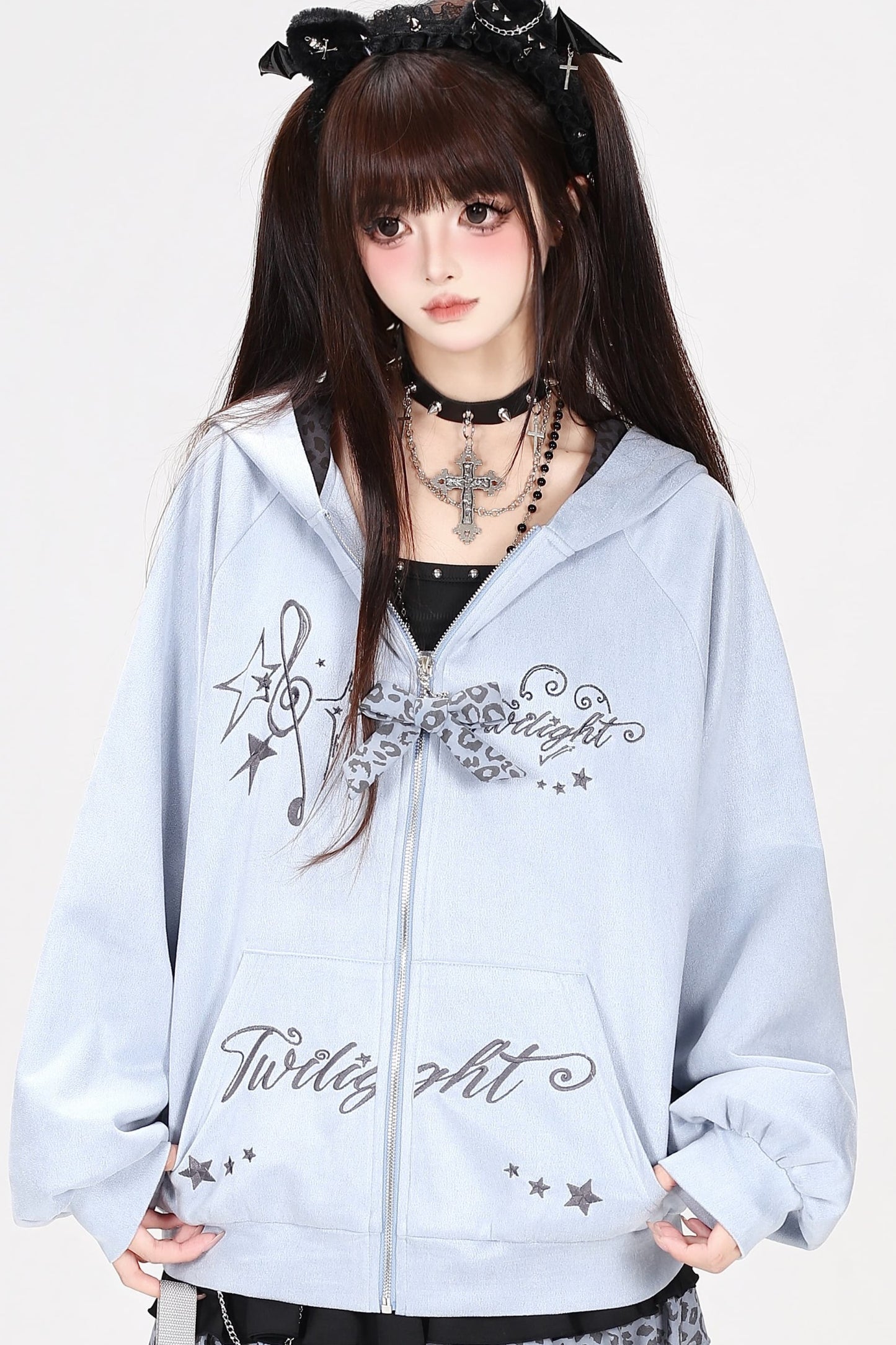 Leopard Musical Note Embroidery Hooded Jacket