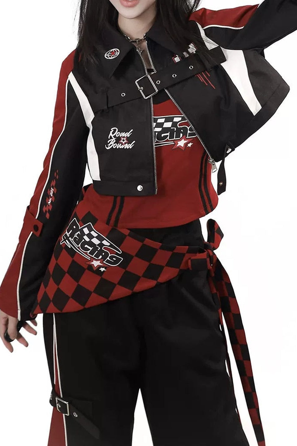 Rote und schwarze Motorradjacke und -hose im Set