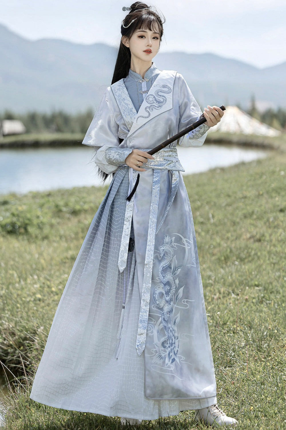 Silver Snake Improved Hanfu Dress and Jacket Set-Up