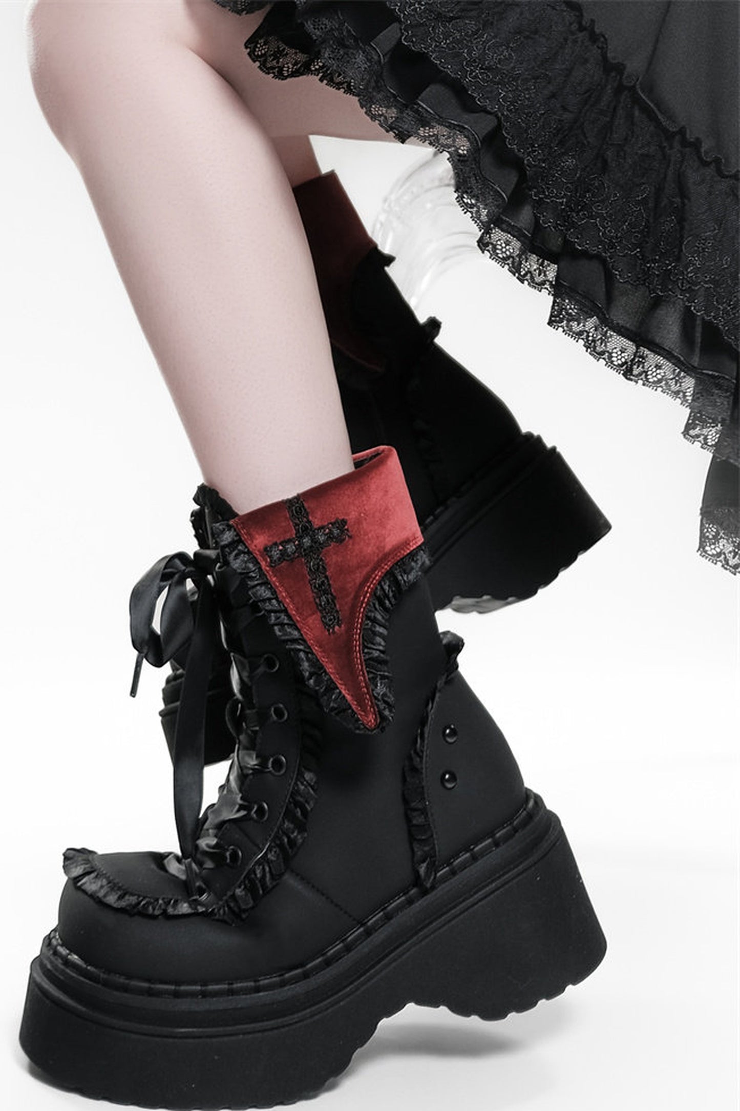 Gothic Cross Flip-Top Round-Toe Platform Boots
