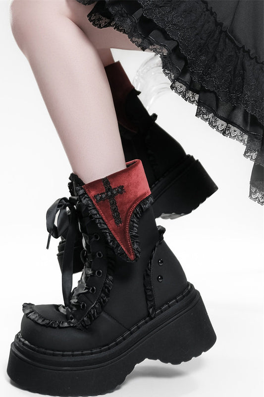 Gothic Cross Flip-Top Round-Toe Platform Boots