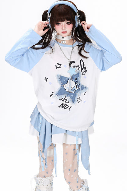 Star Cat Patch Raglan Loose T-Shirt