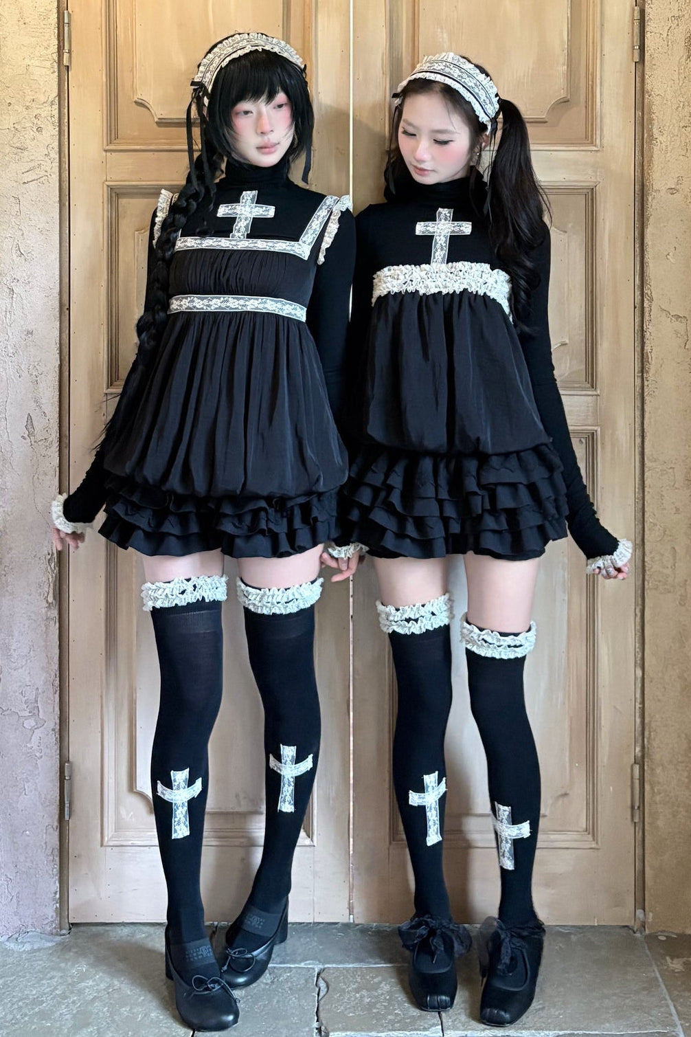 Lace Cross Black Base Shirt and Patchwork Tutu Skirt Set-Up