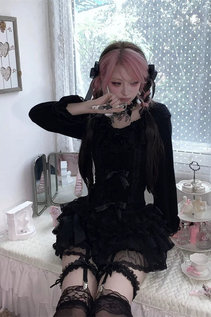 Multi-Layered Lace Bow Long Sleeve Top