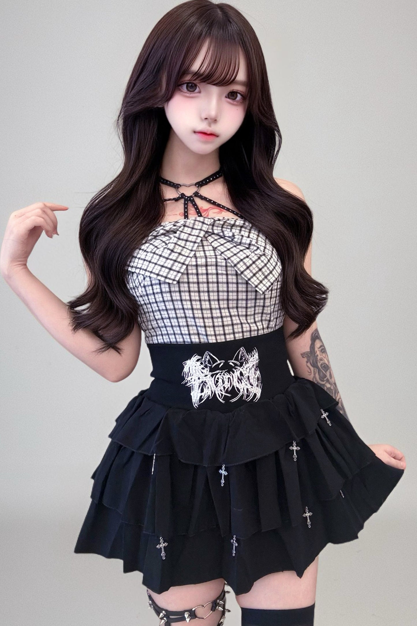 Plaid Camisole Jacket and Cross Skirt Set-Up