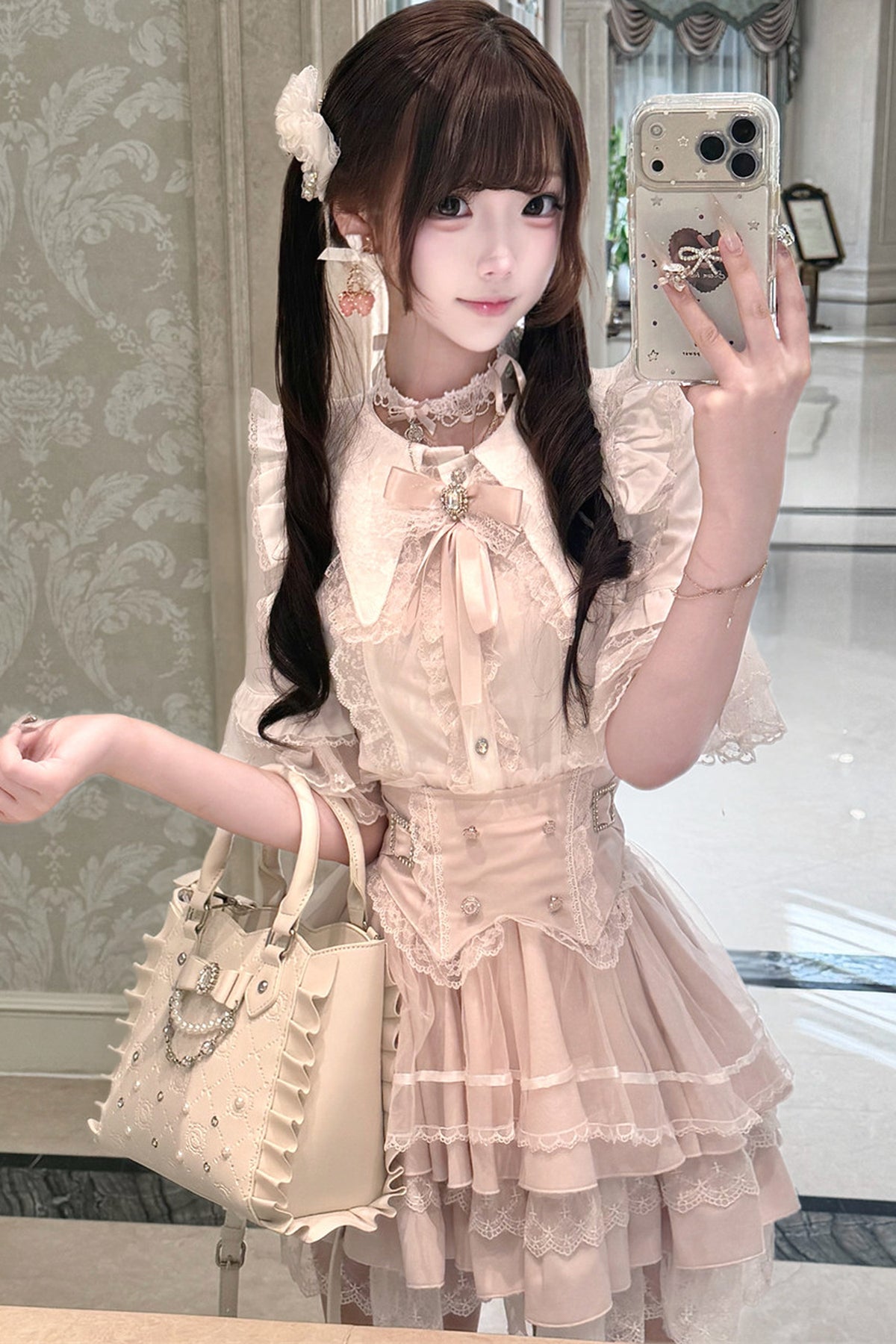 Cherry Short-Sleeved Lace Collar Shirt and Skirt Set-Up