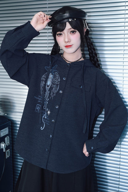 Sea Angel Hand-Drawn Print Hooded Shirt