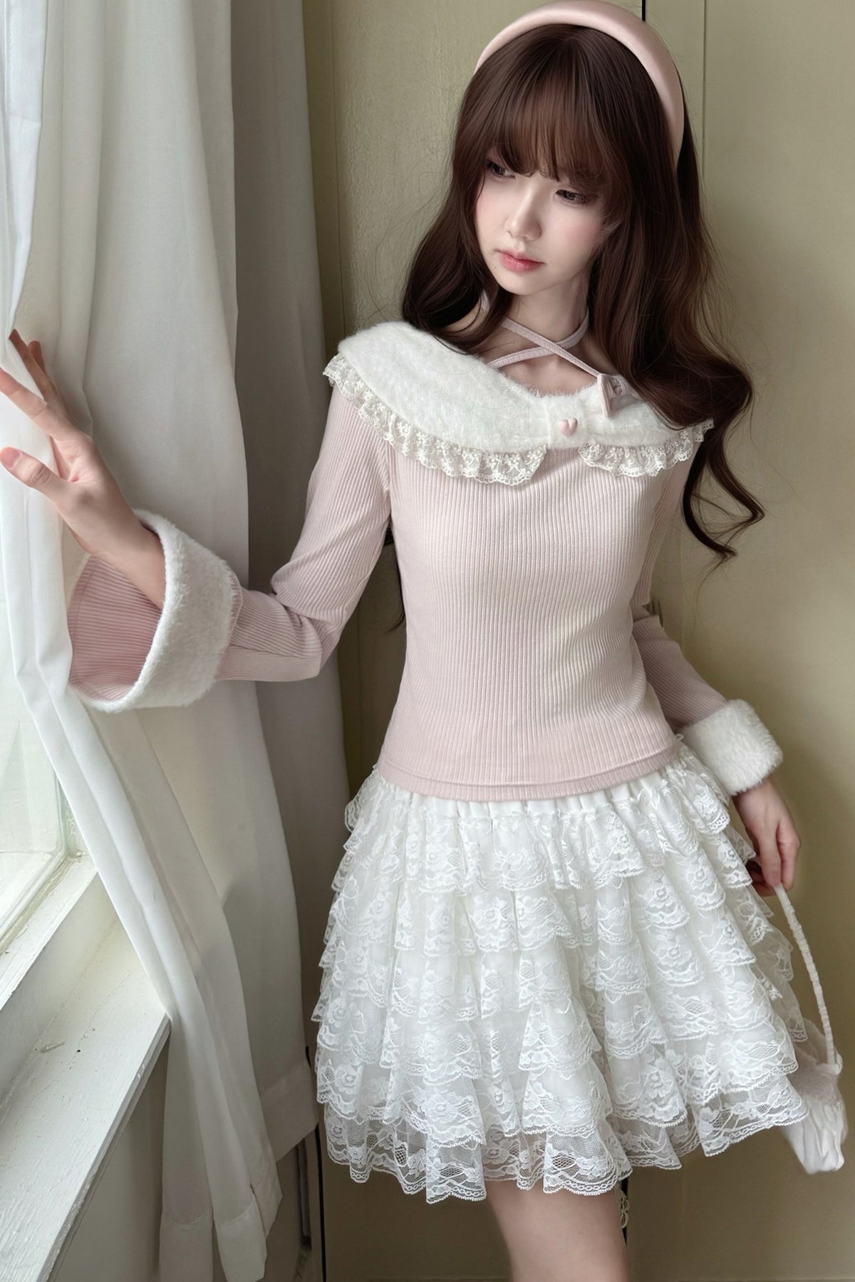 Cat Plush Collar Halter Knit Top and Skirt Set