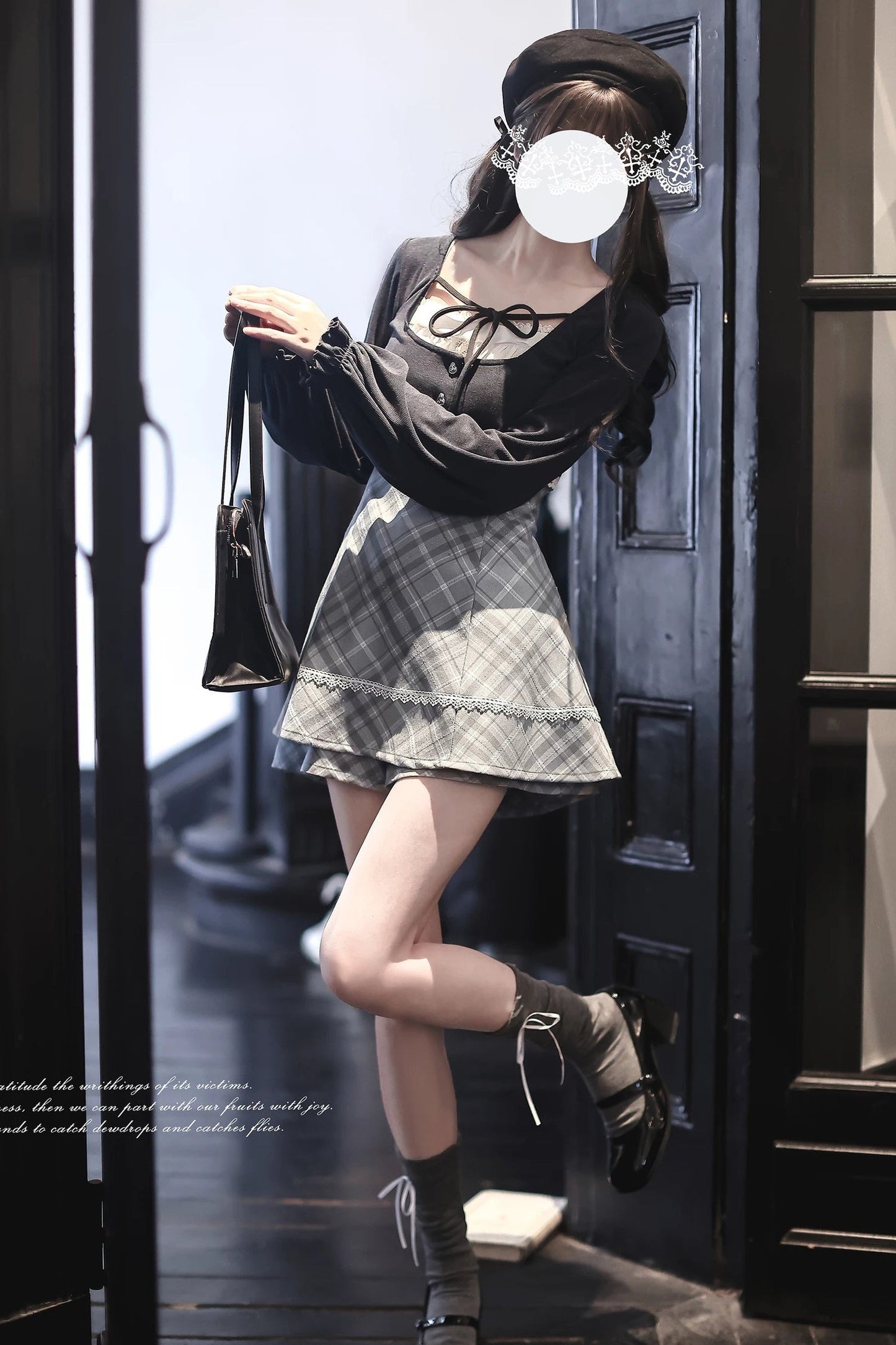 Knit Cardigan And Plaid Suspender Dress Set-Up