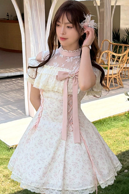 ピンクローズリボンフレアワンピース