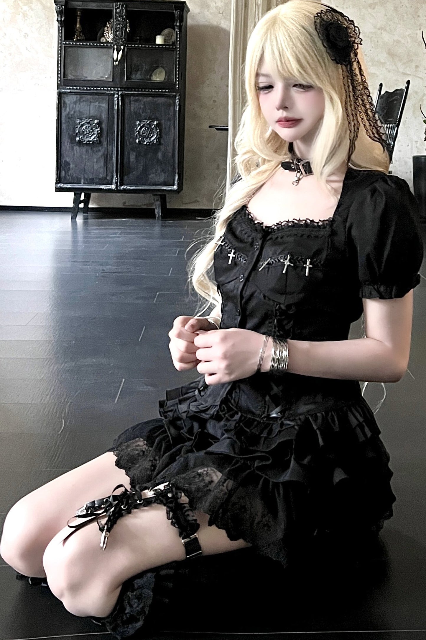 Black Cross Lace Top and Ruffle Skirt Set