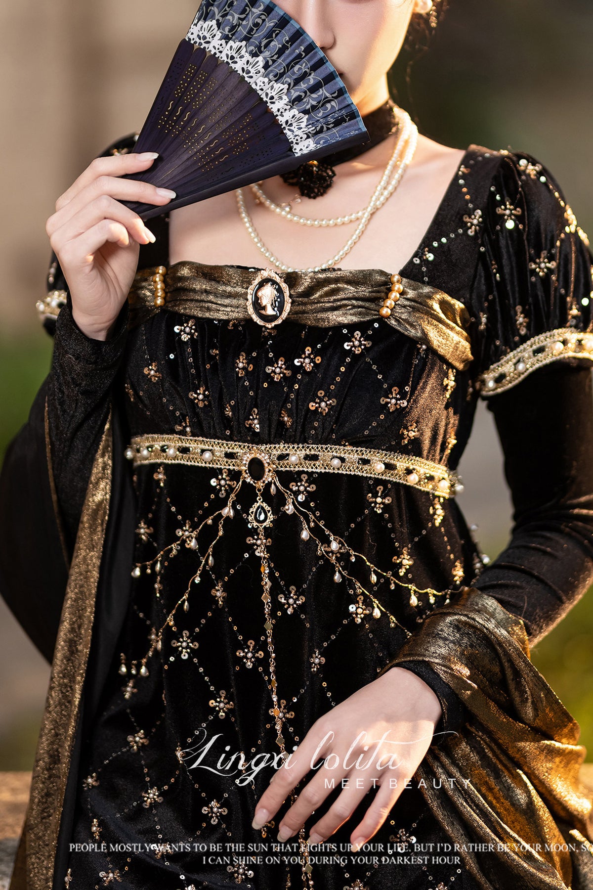 Black Gold Beaded Empire Dress
