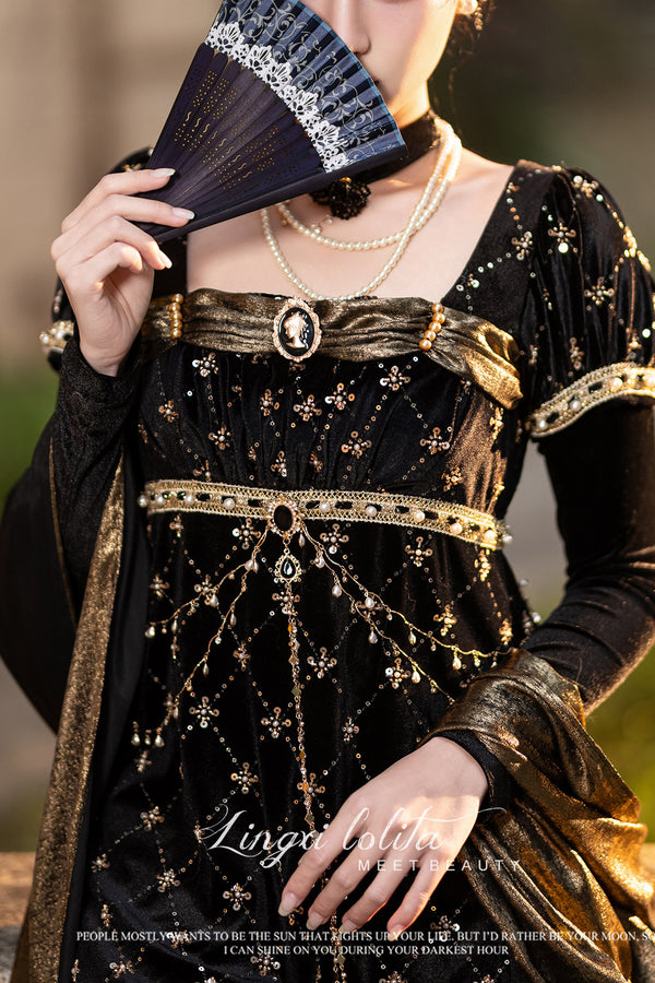 Black Gold Beaded Empire Dress