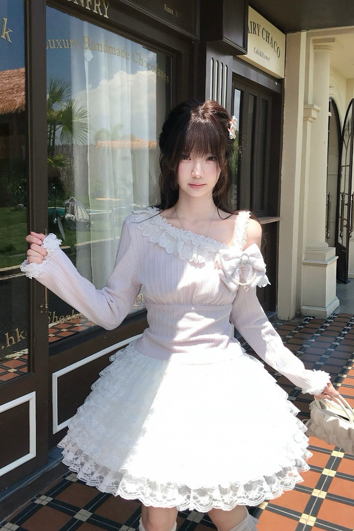 Pink Off-Shoulder Knit Top and Skirt Set