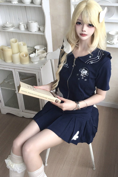 Collar Zipper Cardigan and Pleated Skirt Set-Up